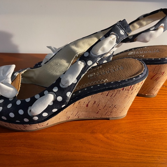 Sperry Top Sider Navy Blue/White Polka Dot Wedge Shoes With White Bow Design- N - Picture 3 of 11